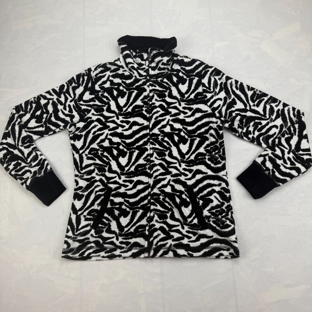 Ac-tiv-ology Jacket Womens Small Black White Animal Print Velour Raglan Sleeve
